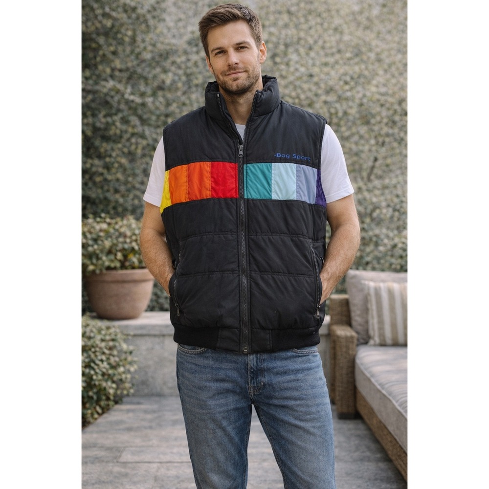 Vintage BOG Sport Rainbow Colorblock Puffer Vest Mens‎ XL Black Quilted Zip Up